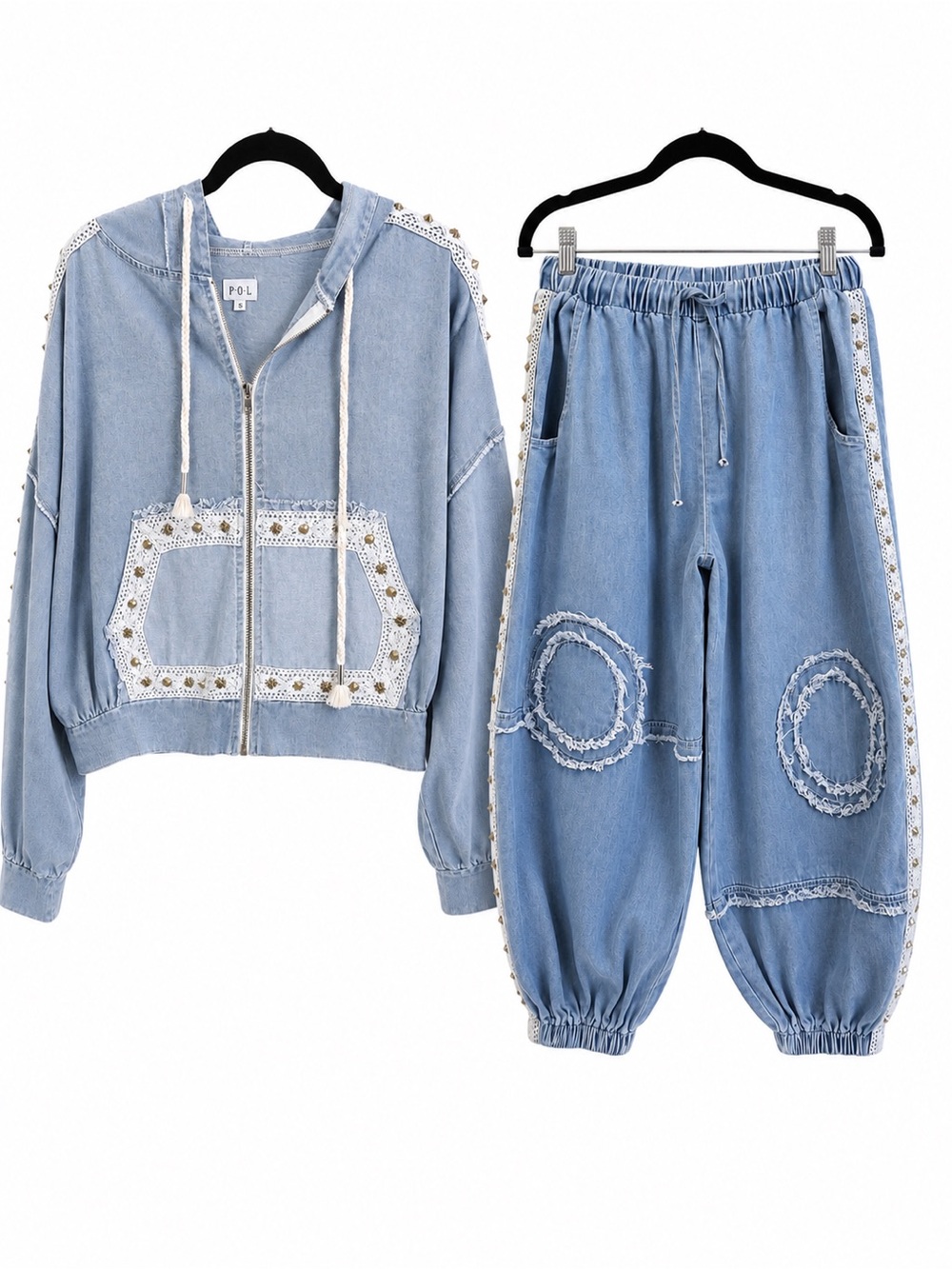 POL Blue Vintage Wash Lace & Stud Hoodie + Balloon Jogger Set -Small